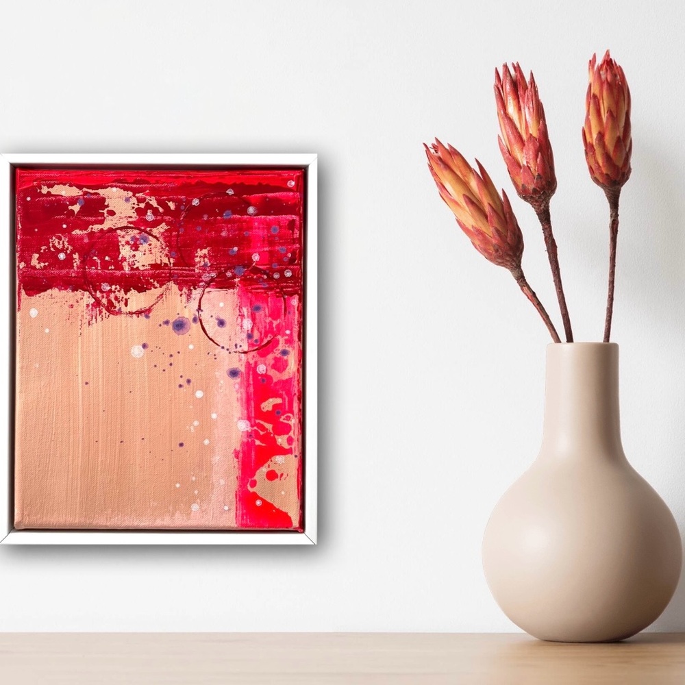 Original Framed Abstract Acrylic Painting Red & Pink Modern Art 8x10